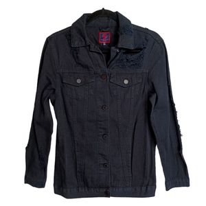 BOOM BOOM JEANS Black Distressed Button Front Long Sleeve Denim Jacket Small NWT